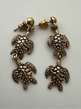 Sterling Silver Gold Wash Double Sea Turtle Dangle Earrings Two Tone 1.75”